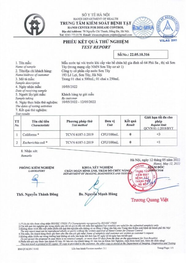 Kết quả xét nghiệm nước tháng 5 năm 2022