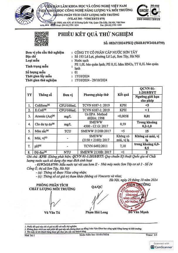 Báo cáo xét nghiệm nước tháng 10 năm 2024