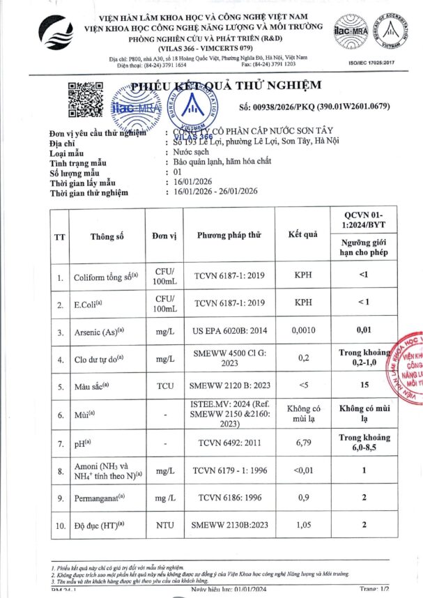 Báo cáo xét nghiệm nước tháng 01 năm 2026
